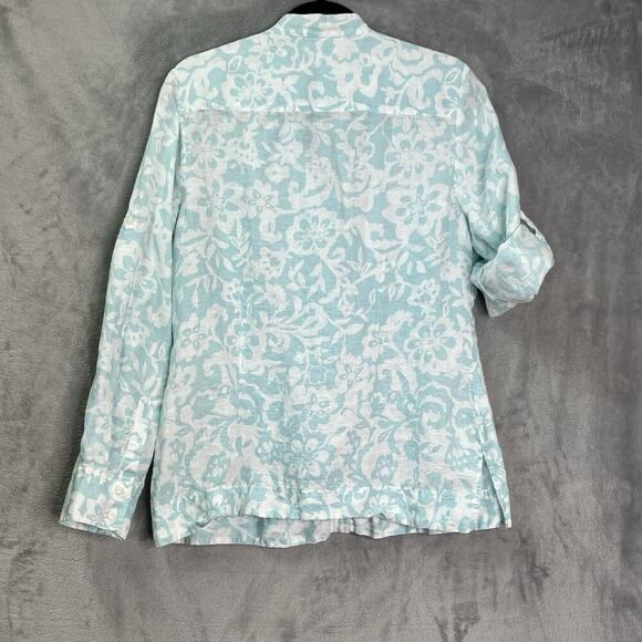 Charter Club Button-Up Linen Shirt Womens Sz 14‎ Floral Roll Tab Sleeve Coastal - Picture 8 of 14